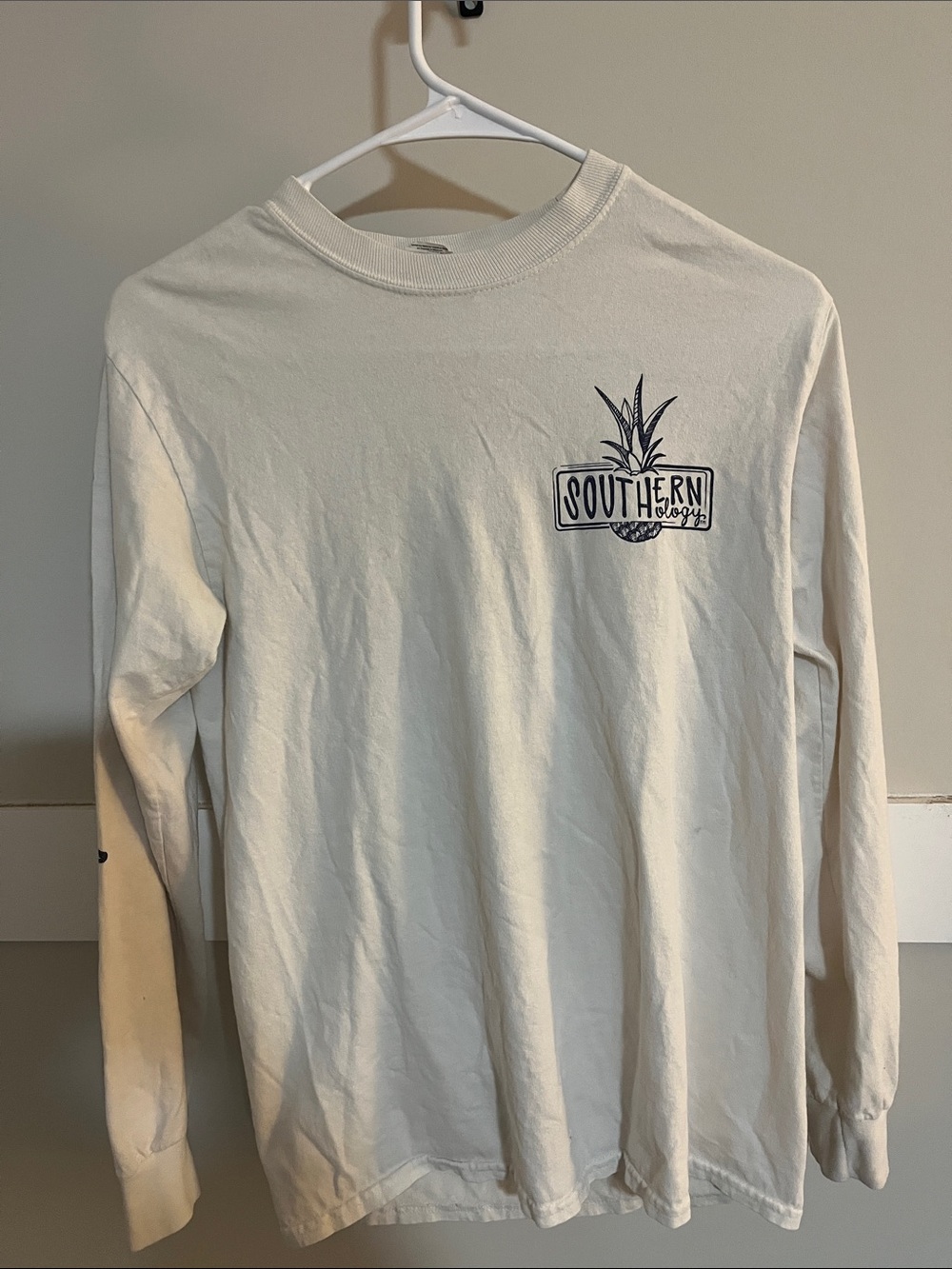 Gildan Off-White Long-Sleeve Tee with Navy Chest Logo